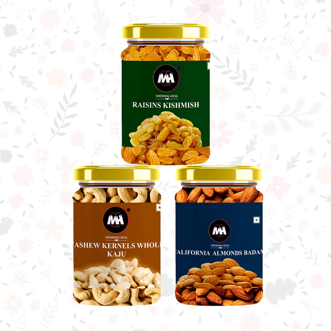 Dry Fruit Combo Pack- 750gms Pack Of 3 
(250gms*3) (Cashu Nuts California Almond & Kishmish Yellow Risin)