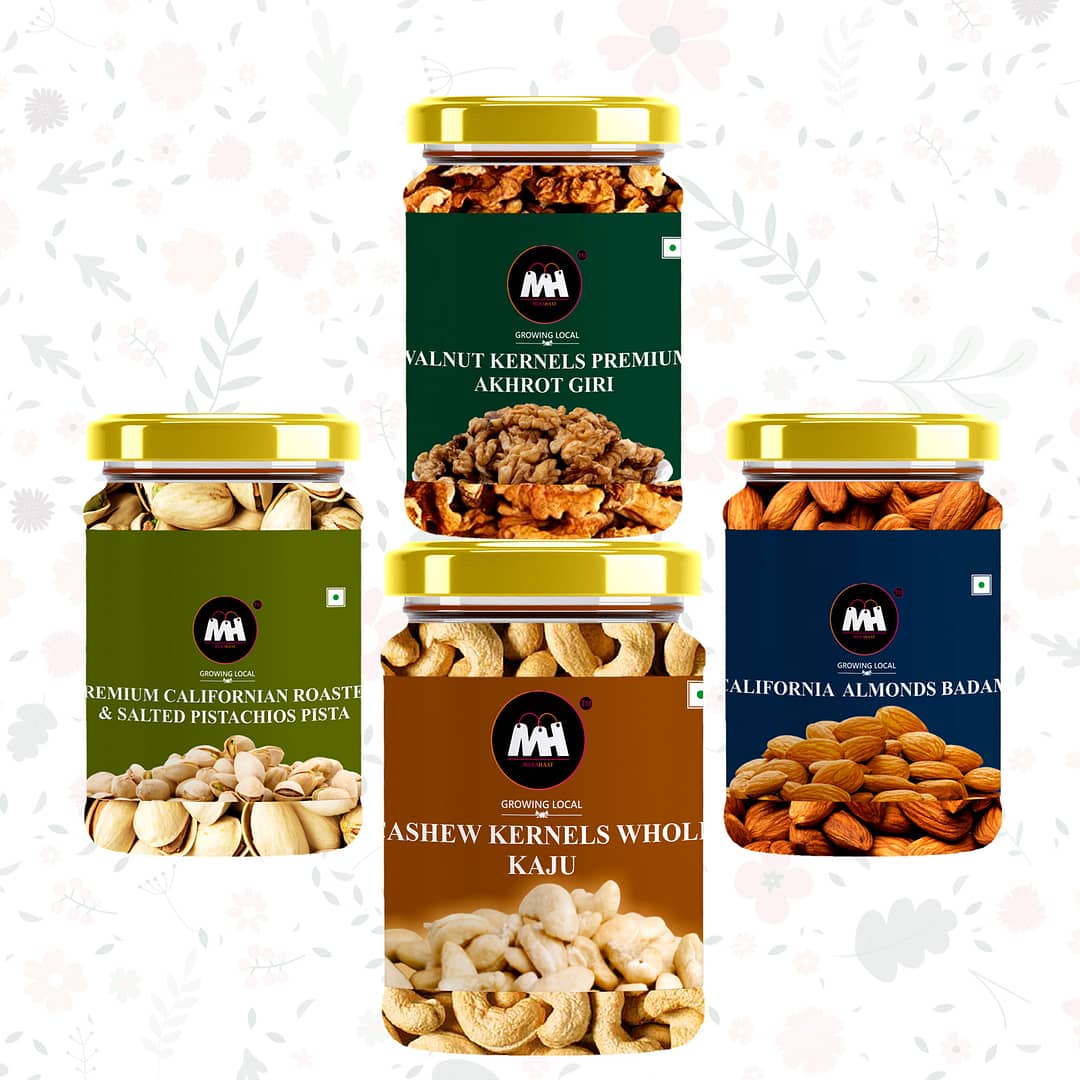 Dry Fruit Combo Pack- 3.8kgs Pack Of 4 
(1kg*3+800gms) (Cashu Nuts California Almond Rosted and Salted Pistachu &Chilli Wallnut Akhrot Giri)