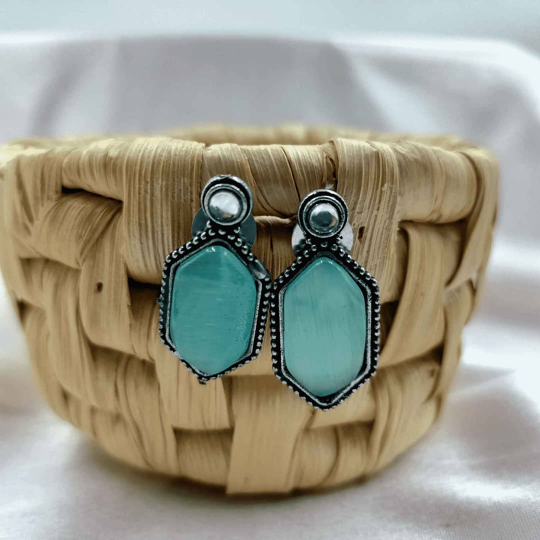 Mystic Shadows Silver Oxidized Sea Green Color Stud Earrings