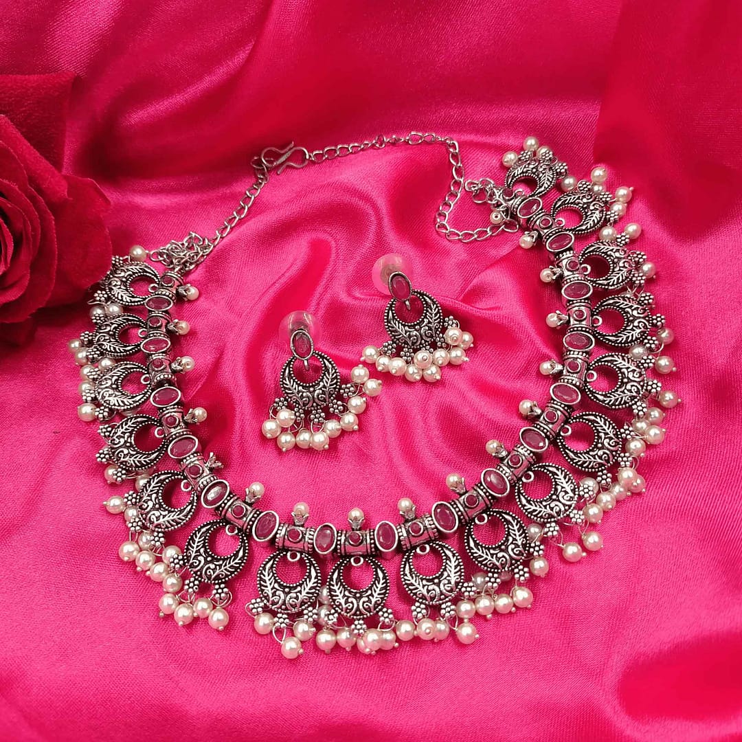 Glamorous Oxidized Silver Look Rani & Green color Necklace Set with Earrings